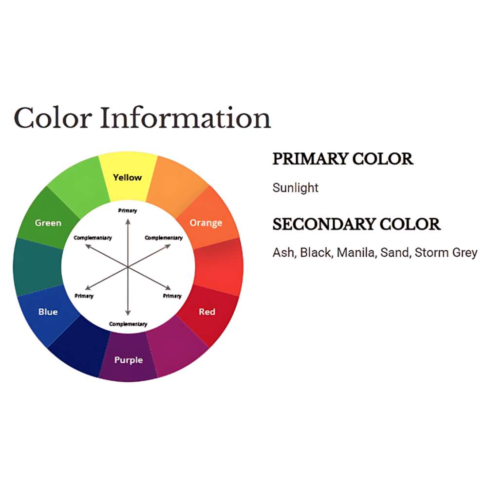 Color chart of Couristan Fez Indoor/Outdoor Rug - Sidi/Sunlight lists sunlight as the primary color and ash, sand, and storm grey as secondary colors