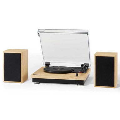 Combining a sleek wood finish and modern transparent dust cover, the Crosley Brio Turntable System - Natural is paired with dual stereo speakers