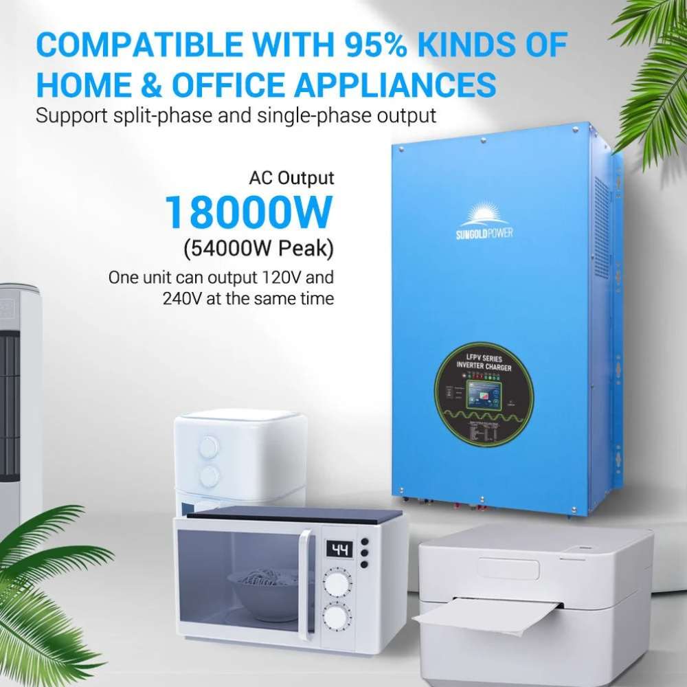 Common applications for Sun Gold Power 18000W 48V Split Phase Pure Sine Wave Inverter Charger, including homes, RVs, marine, and solar systems