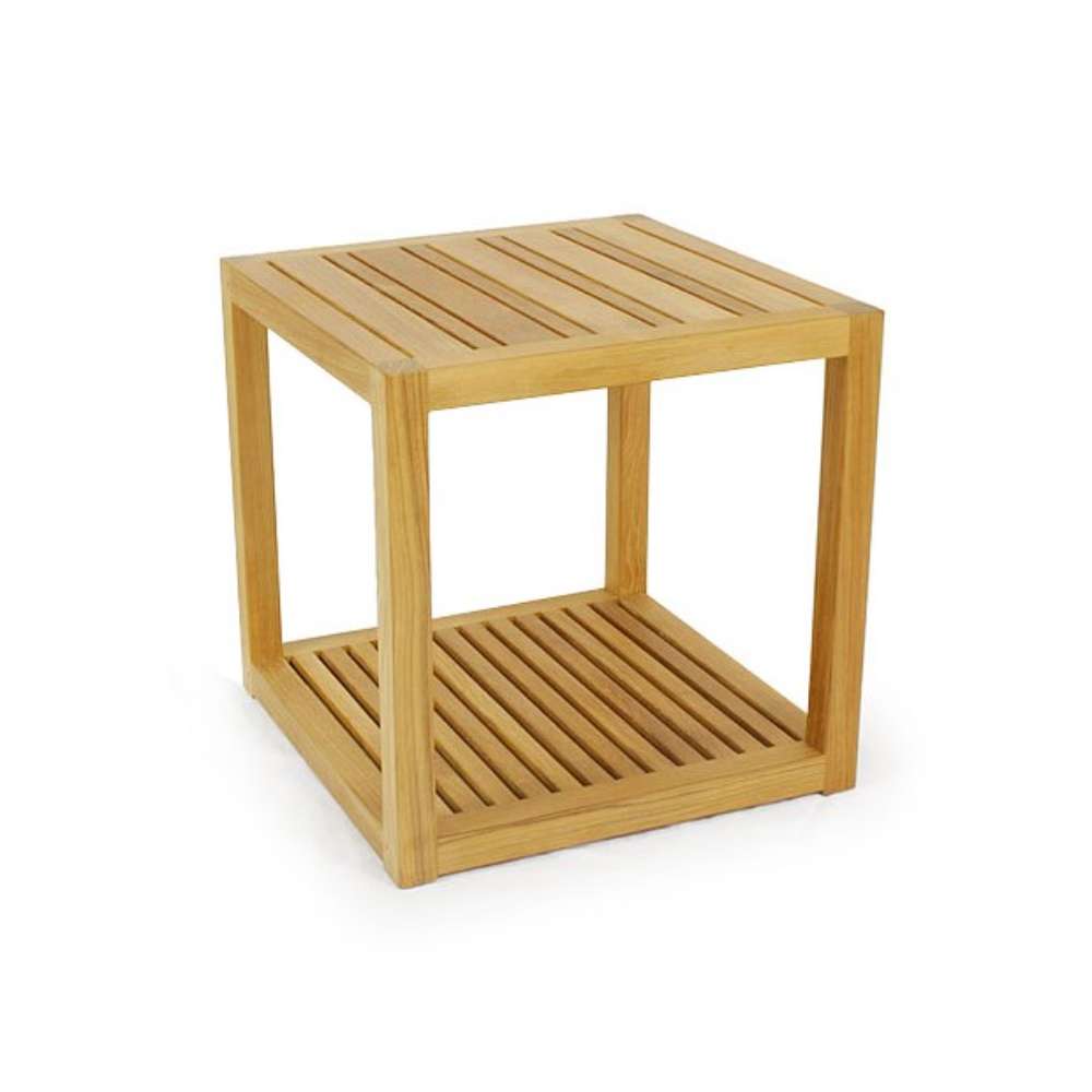 Compact square teak side table from Westminster Teak Maya 4pc Lounge Set, designed with a slatted top and an open shelf underneath