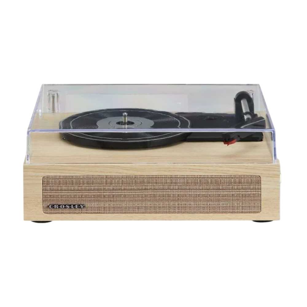 Compact, stylish, and protective features are highlighted in the Crosley Scout Turntable - Natural with its dust cover closed