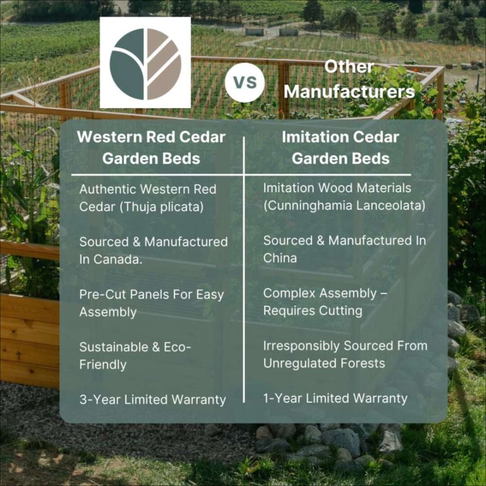 Comparison chart of cedar materials explains the benefits of the Outdoor Living Today 3.5×4 Tiered Cedar Corner Raised Garden Bed