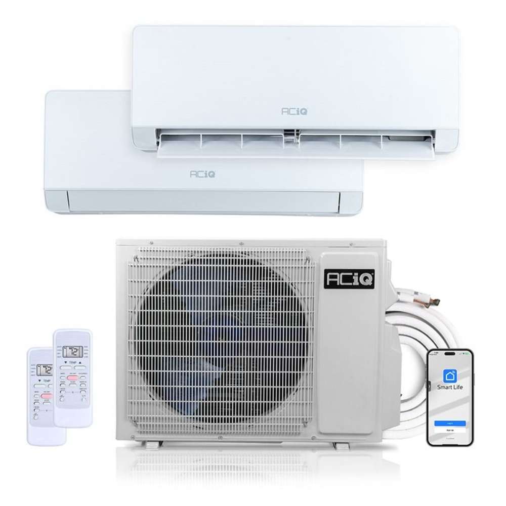 Complete 2 zone bundle with two wall units, an outdoor condenser, two remotes, a line set, and a phone app for the ACiQ 24000 BTU Essentials 23 SEER2 2 Zone Wall Mount Mini Split Heat Pump System