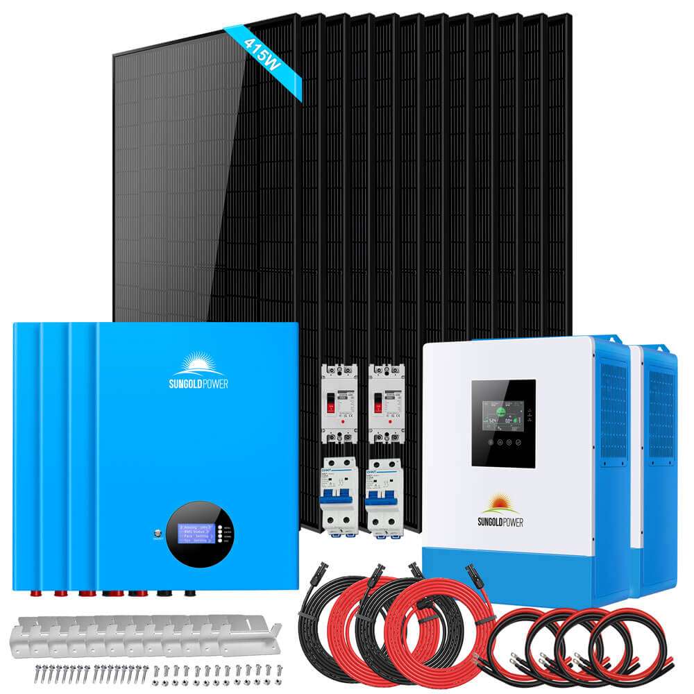 Complete Sun Gold Power 10000W 48VDC 120V/240V 20.48KWH Lithium Battery 4980W Solar Panel Off-Grid Solar Kit with panels, batteries, dual inverters, breakers, cables, and mounting hardware