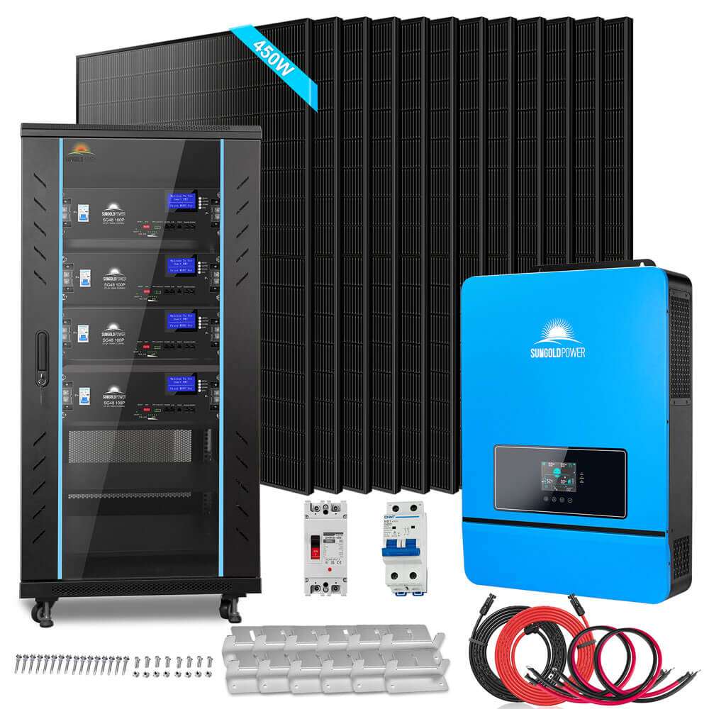 Complete Sun Gold Power 10000W 48VDC 120V/240V LiFePO4 20.48KWH Lithium Battery Solar Panel Off-Grid Solar Kit with panels, inverter, batteries, cables, and breakers