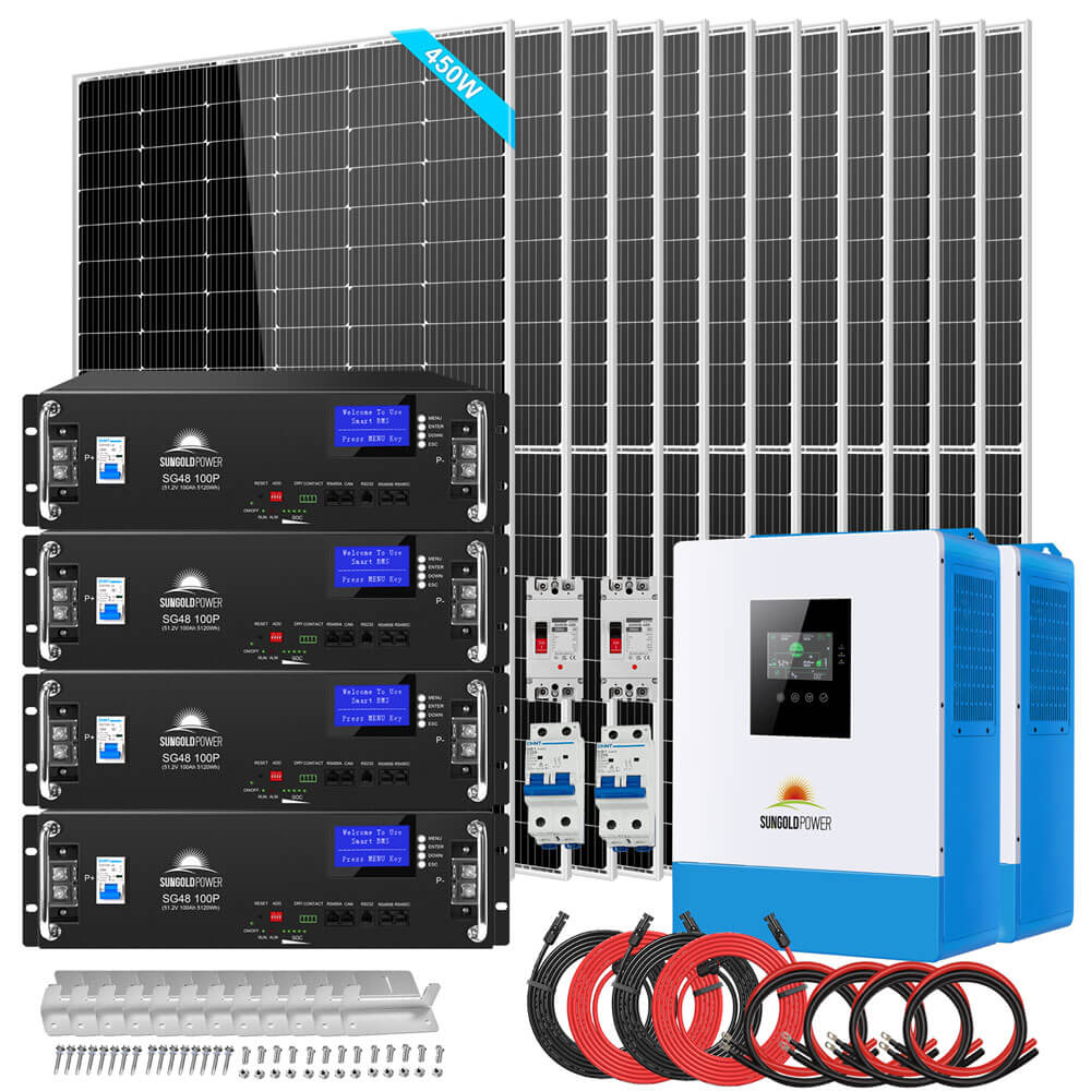 Complete Sun Gold Power 10000W 48VDC 120V/240V LifePO4 20.48KWH Lithium Battery 5400W Solar Panel Off-Grid Solar Kit with dual inverters, batteries, solar panels, and accessories