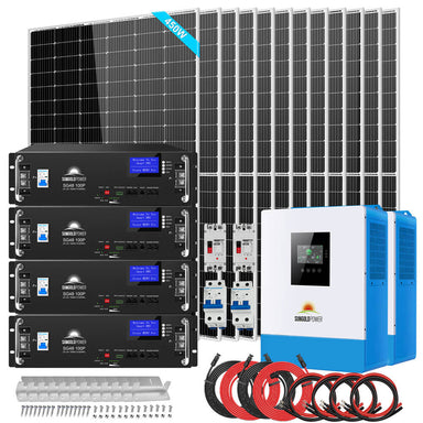 Complete Sun Gold Power 10000W 48VDC 120V/240V LifePO4 20.48KWH Lithium Battery 5400W Solar Panel Off-Grid Solar Kit with dual inverters, batteries, solar panels, and accessories