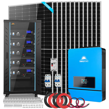 Complete Sun Gold Power 10000W 48VDC 120V/240V LifePo4 25.6KWH Self-Heating Lithium Battery Off-Grid Solar Kit shown with its solar panels, inverter, and battery cabinet grouped together.