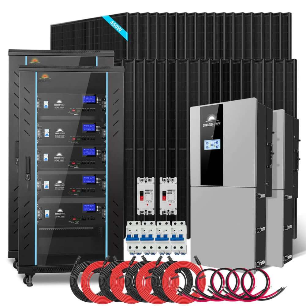 Complete Sun Gold Power 11400W 48V Split Phase 51.2 KWH Lithium Battery Hybrid Solar Kit with solar panels, batteries, inverters, and installation accessories