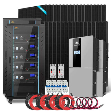 Complete Sun Gold Power 11400W 48V Split Phase 51.2 KWH Lithium Battery Hybrid Solar Kit with solar panels, batteries, inverters, and installation accessories