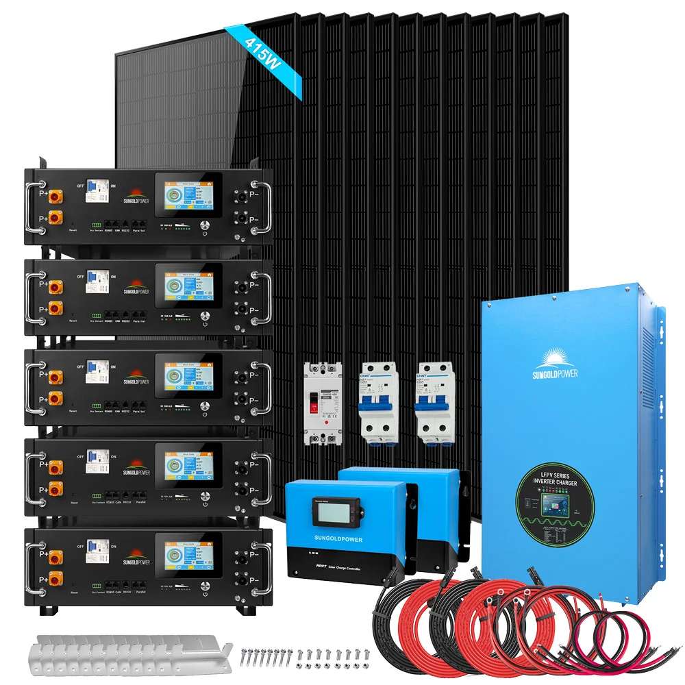 Complete Sun Gold Power 12000W 48VDC 120V/240V LifePo4 25.6KWH Lithium Battery Off-Grid Solar Kit with inverter, batteries, solar panels, MPPT controllers, cables, and accessories