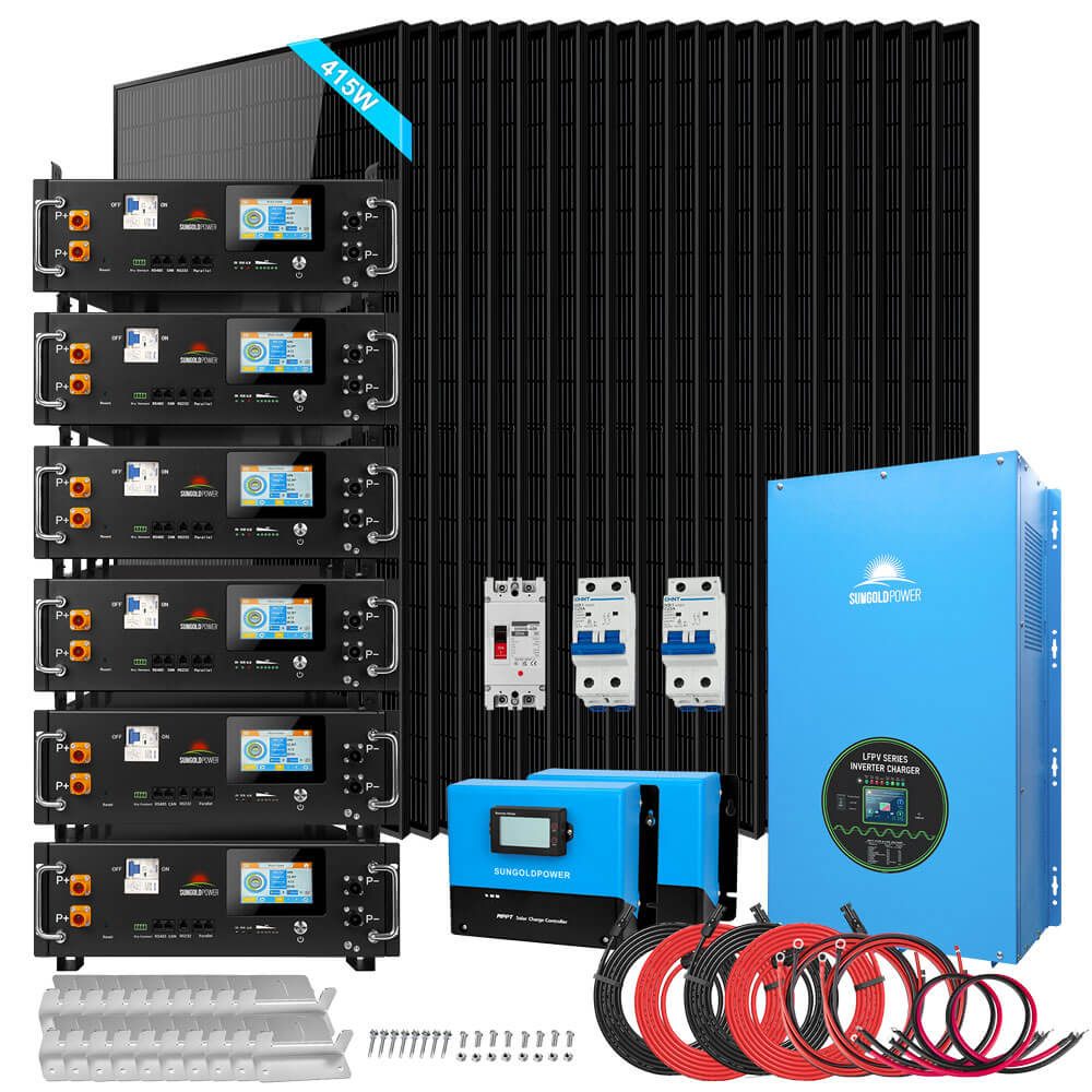 Complete Sun Gold Power 18000W 48VDC 120V/240V LifePo4 30.72KWH Lithium Battery Off-Grid Solar Kit with inverter, batteries, solar panels, MPPT controllers, cables, and accessories