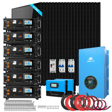 Complete Sun Gold Power 18000W 48VDC 120V/240V LifePo4 30.72KWH Lithium Battery Off-Grid Solar Kit with inverter, batteries, solar panels, MPPT controllers, cables, and accessories
