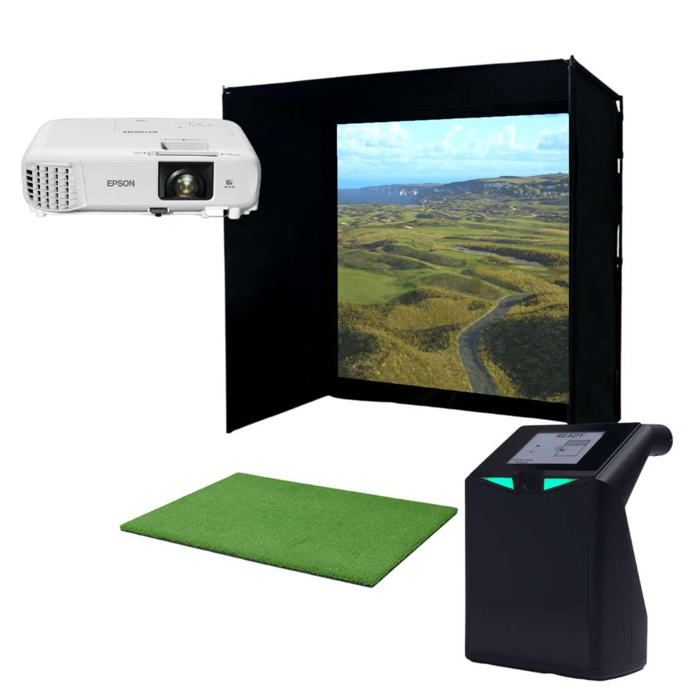 Complete indoor golf setup with a screen, projector, turf mat, and launch monitor shows TruGolf LaunchBox Golf Launch Monitor w/ Starter 10 (2025) Enclosure kit