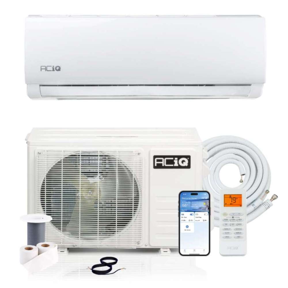 Complete package for ACiQ 12000 BTU Essentials 20 SEER2 Single Zone Wall Mount Mini Split Heat Pump System, including the indoor unit, condenser, remote, phone app, line set and install accessories
