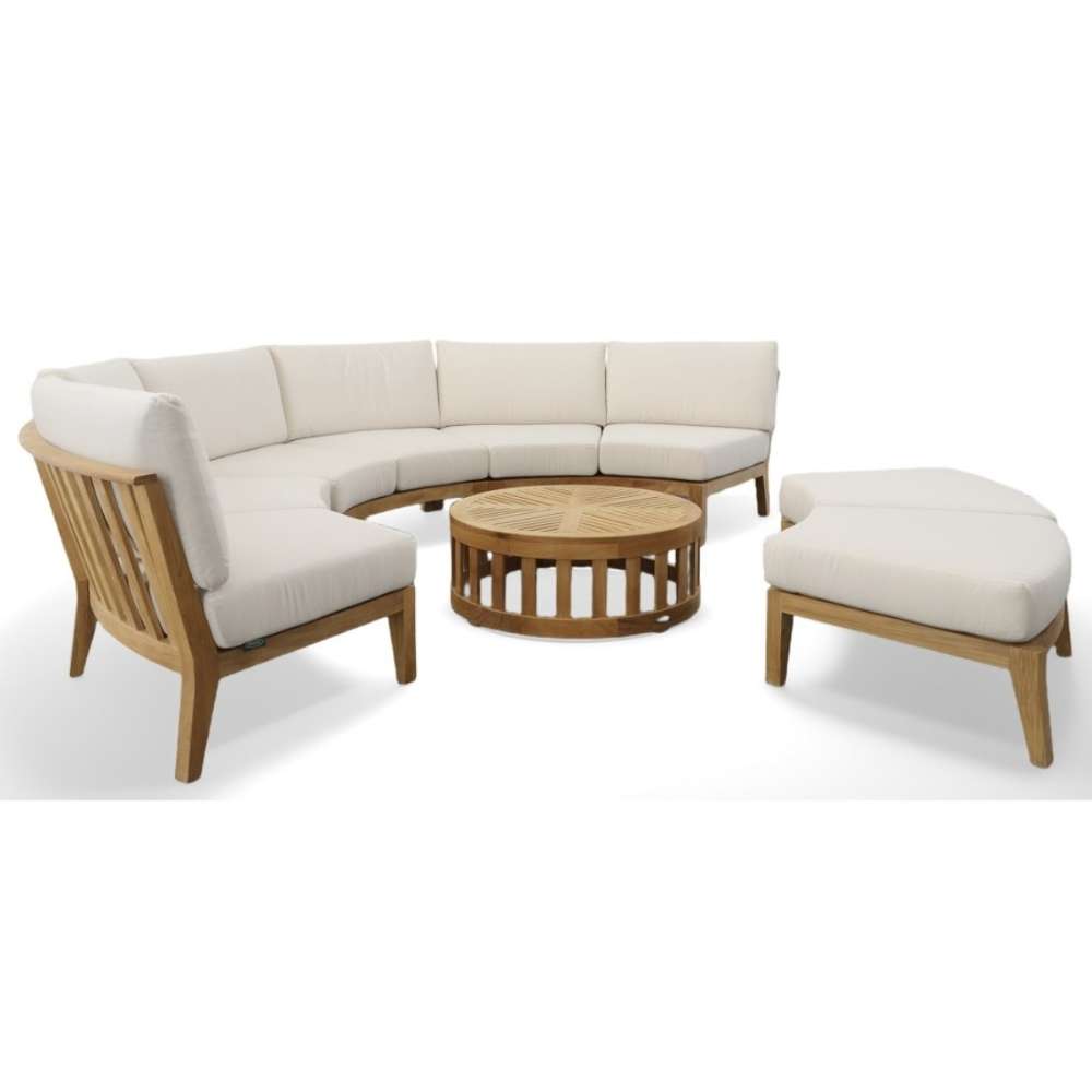 Complete seating arrangement of Westminster Teak Kafelonia Sofa Sectional with cushions includes multiple curved sections, a round table, and a matching ottoman on a white background