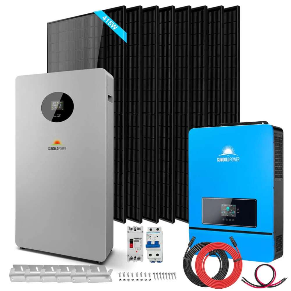 Complete solar system featuring a 16kWh lithium battery, eight 415W panels, and inverter in SGR-8K10T Sun Gold Power 8000W 48VDC 120V/240V LiFePO4 Lithium Battery Solar Panel Off-Grid Solar Kit