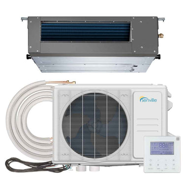 Complete indoor and outdoor unit set with control panel of the Senville 24000 BTU Concealed Duct Air Conditioner - Heat Pump - SENA24HFID