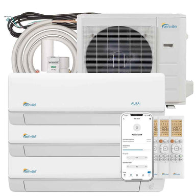 Complete setup of Senville 28000 BTU Tri-Zone Mini Split Air Conditioner - Heat Pump - SENA30HFT, featuring the outdoor unit, three indoor wall units, remote controls, and app interface