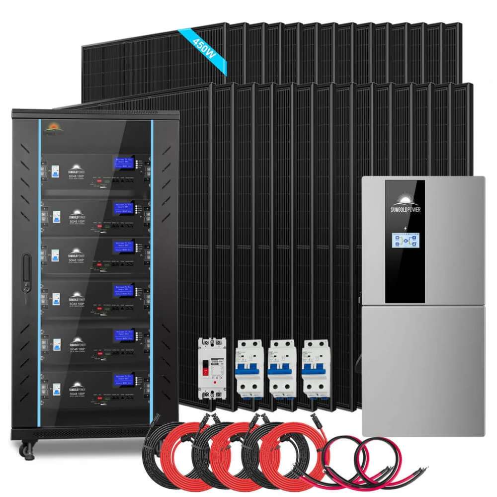 Components of Sun Gold Power 11400W 48V Split Phase 30.72KWH Lithium Battery Hybrid Solar Kit SGH-11N3E, including solar panels, batteries, inverter, and cables