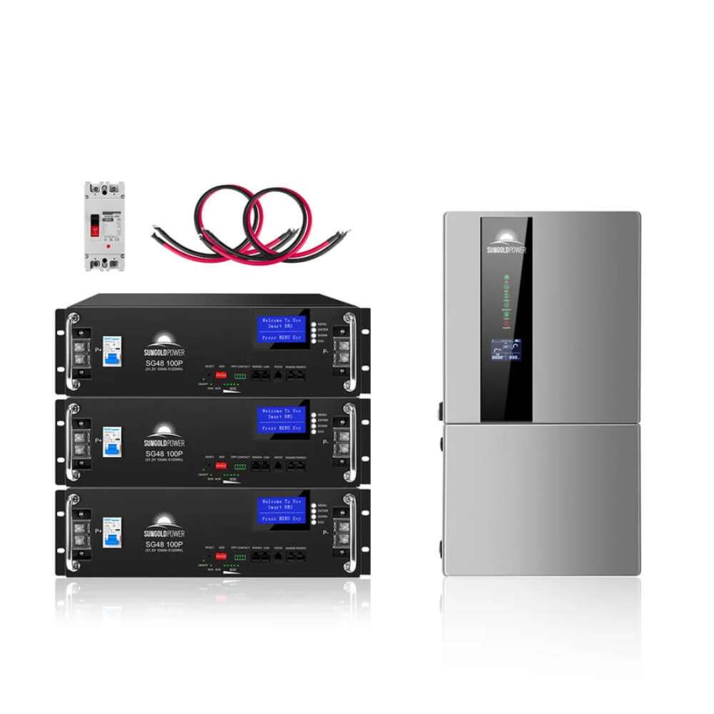 Components of Sun Gold Power 7600W 48V Split Phase 15.36KWH Lithium Battery Hybrid Solar Kit SGH-7.6N3E-s including batteries, inverter, cables, and breaker