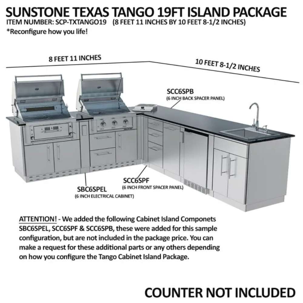 Configuration diagram with optional components for the Sunstone Texas Tango 19ft Outdoor Kitchen Island Package