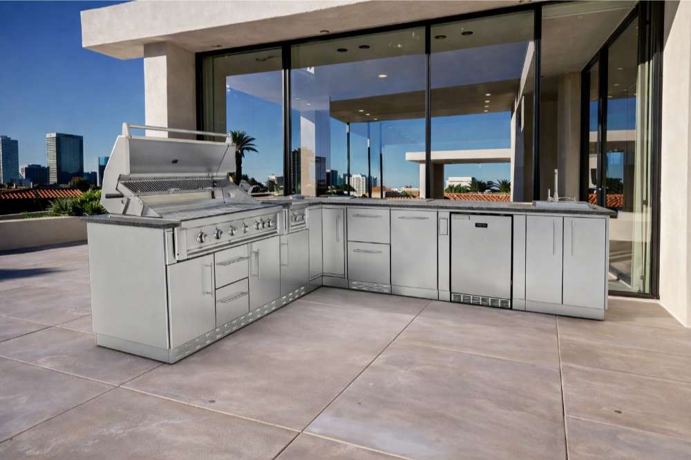Contemporary terrace showcasing Sunstone Rancher L-Shaped 8′11″ × 11′ Outdoor Kitchen Package by glass doors and city view