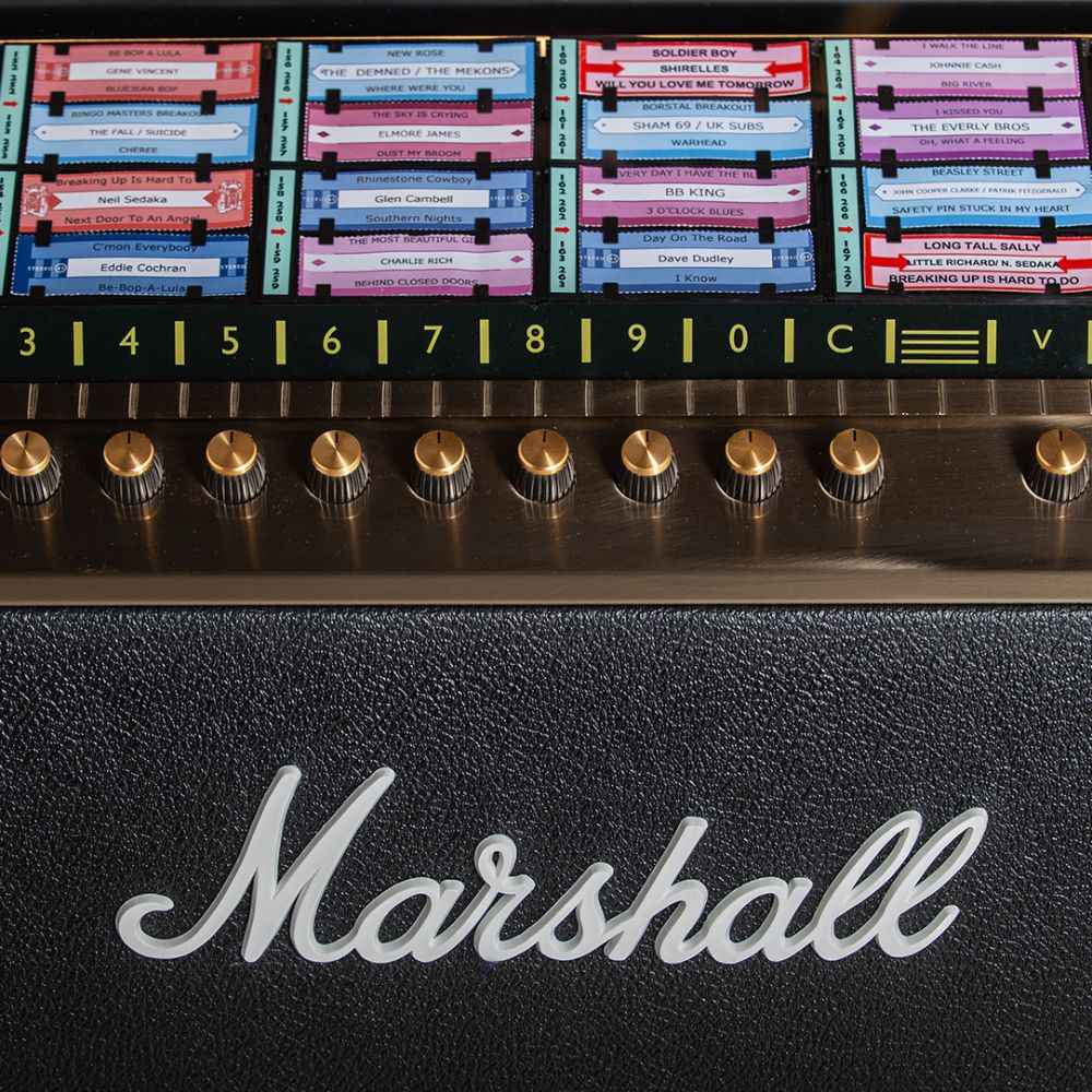 Control panel of the Marshall Rocket Full Size LP Jukebox - Black, featuring a retro-style song selection system and gold volume knobs