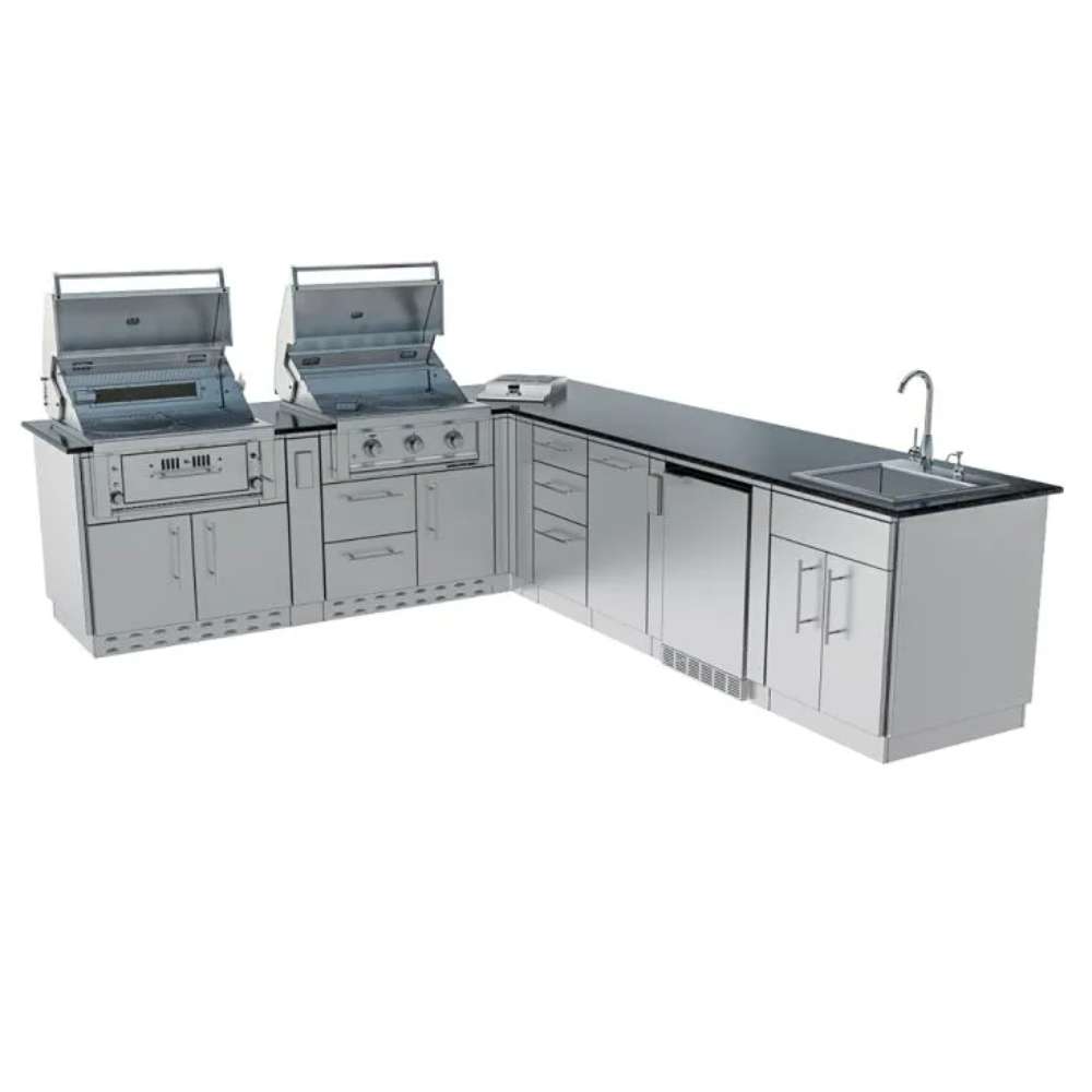 Corner layout with dual grills, sink, and storage showcasing the Sunstone Texas Tango 19ft Outdoor Kitchen Island Package