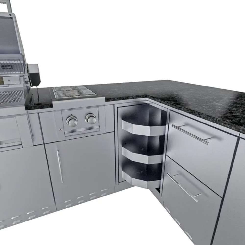 Corner section of Sunstone Rancher L-Shaped 8′11″ × 11′ Outdoor Kitchen Package featuring built-in burner and shelves
