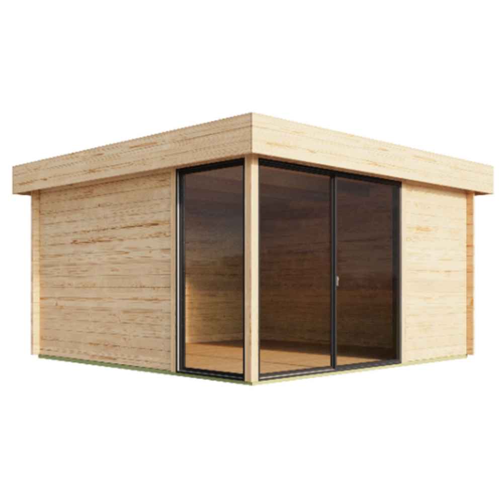Corner view of the GardenHouse24 USA ALU Concept 70P Garden Room, highlighting its sleek glass doors and natural wood finish