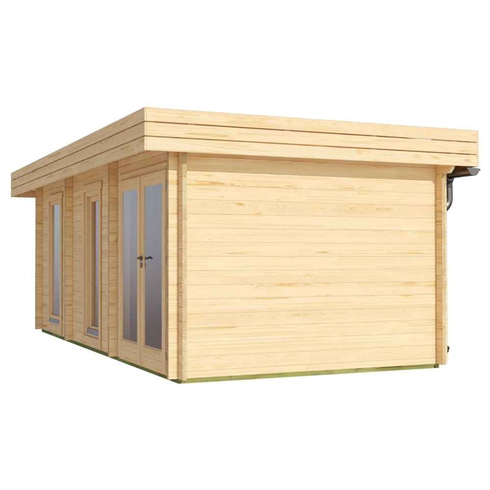 Corner view of the GardenHouse24 USA Miriam 44C Modern Garden Room highlighting full glass double doors and tall side windows