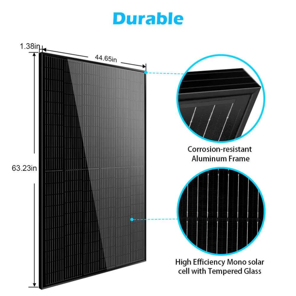 Corrosion-resistant aluminum frame and tempered glass make Sun Gold Power 370W Mono Black PERC Solar Panel durable for outdoor use