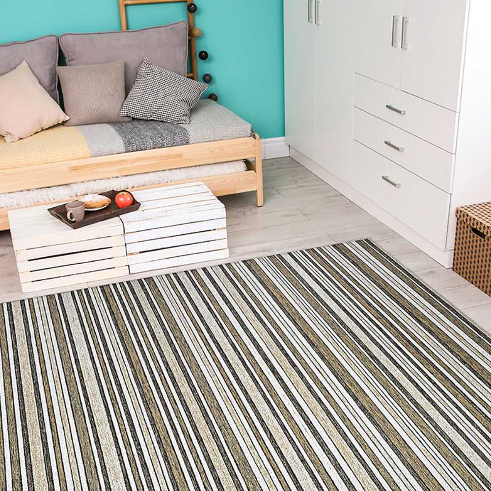 Couristan Cape Indoor/Outdoor Rug - Brockton/Light Brown-Ivory in a cozy bedroom with a daybed and white furniture
