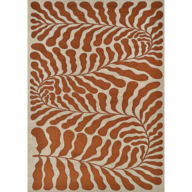 Couristan Castille Indoor/Outdoor Rug - Fiore/Terra-Cotta is fully displayed from above, revealing its bold, plant-like motif in a repeating terracotta and beige pattern