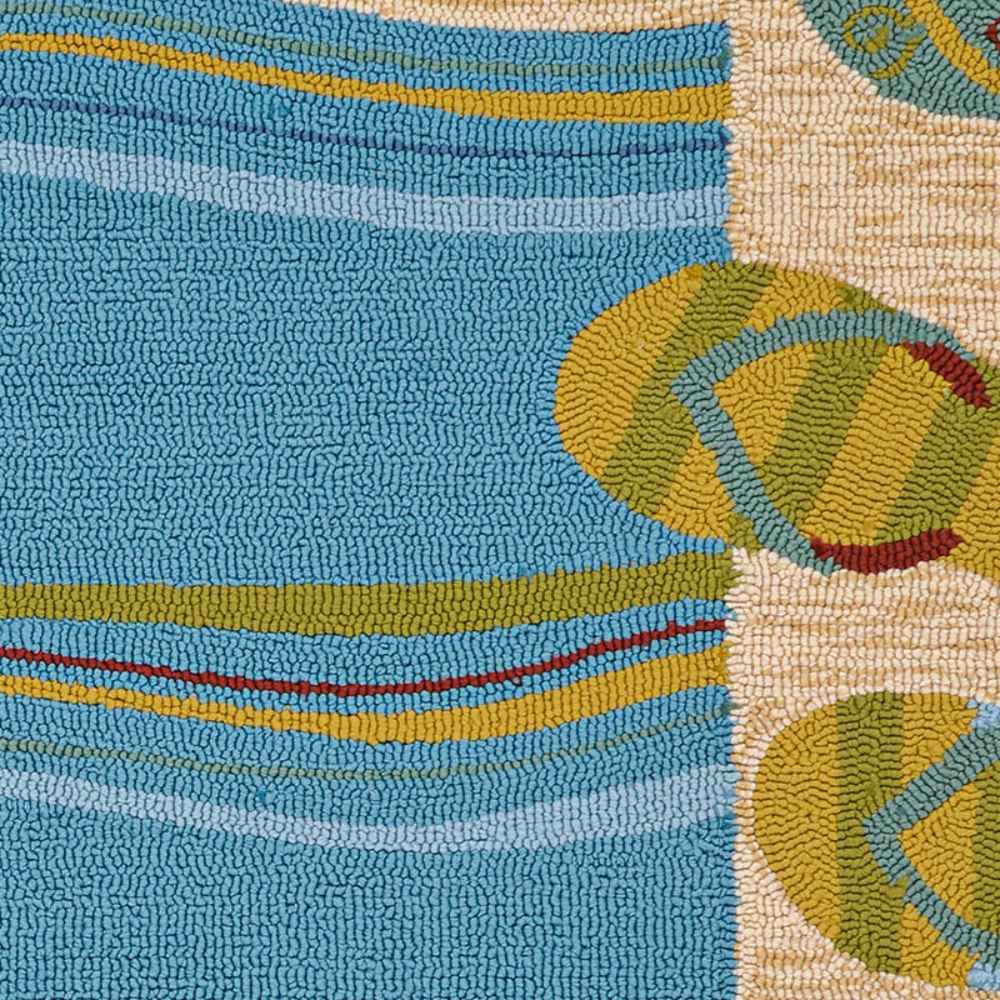 Couristan Covington Indoor/Outdoor Rug - Sandals/Sand-Multi showcases a section of ocean-like waves bordered by green and yellow flip-flops