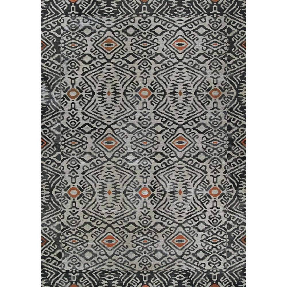 Couristan Dolce Indoor/Outdoor Rug - Mala/Smoke is fully displayed with repeating tribal motifs in smoke, black, ivory, and red tones