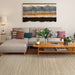 Couristan Fez Indoor/Outdoor Rug - Riad/Sand is laid out in a modern living room under a beige sectional sofa and wooden coffee table