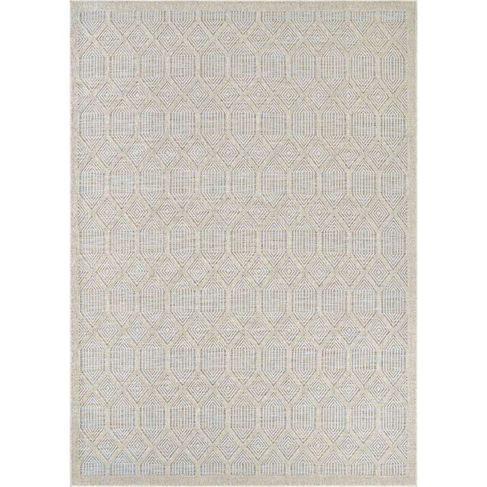Couristan Liguria Indoor/Outdoor Rug - Rapallo/Aqua features a geometric diamond pattern in soft ivory and aqua tones