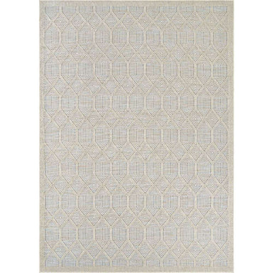 Couristan Liguria Indoor/Outdoor Rug - Rapallo/Aqua features a geometric diamond pattern in soft ivory and aqua tones