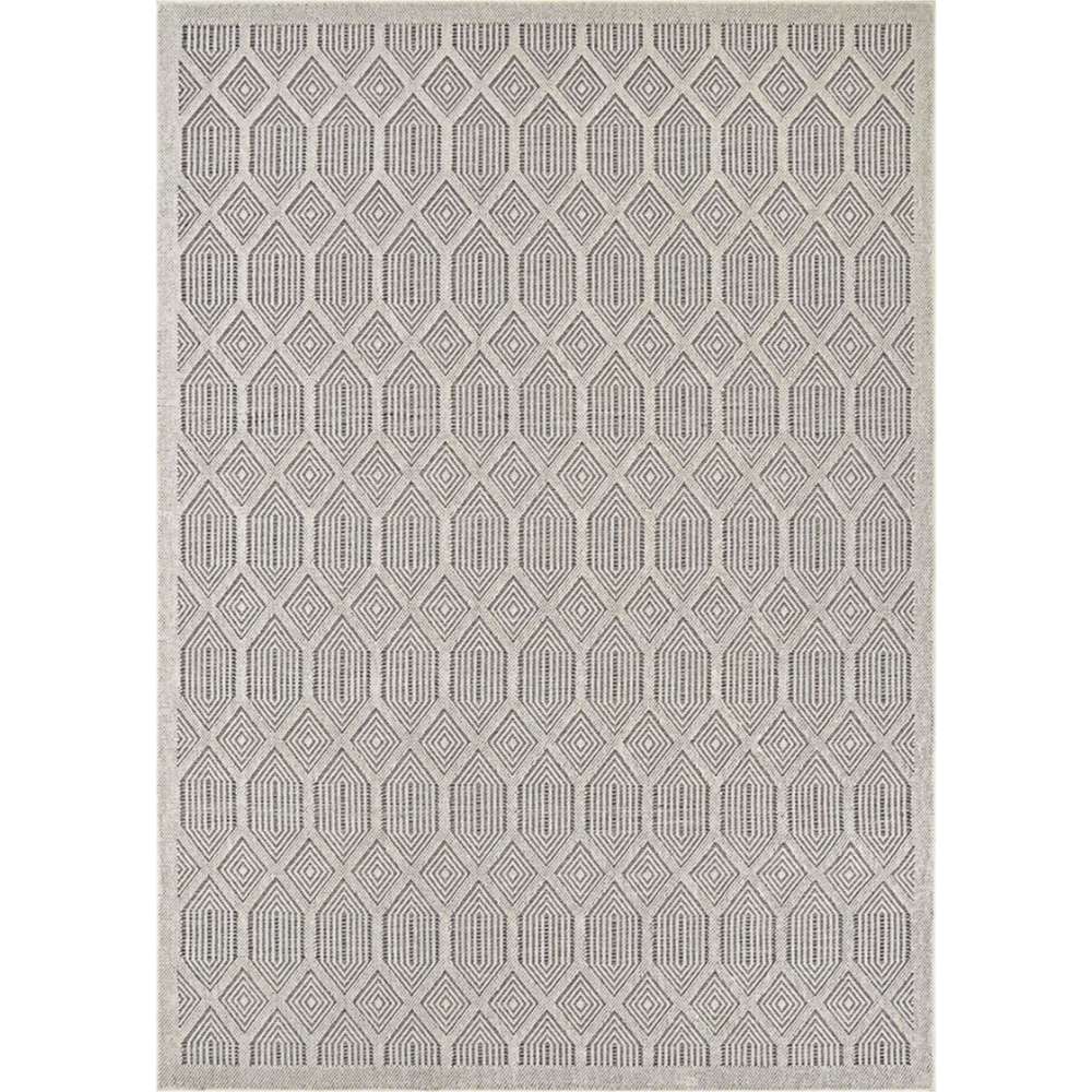 Couristan Liguria Indoor/Outdoor Rug - Rapallo/Pebble is shown flat with a geometric diamond pattern in pebble and ivory tones