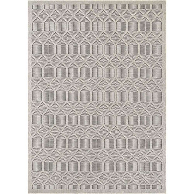 Couristan Liguria Indoor/Outdoor Rug - Rapallo/Pebble is shown flat with a geometric diamond pattern in pebble and ivory tones