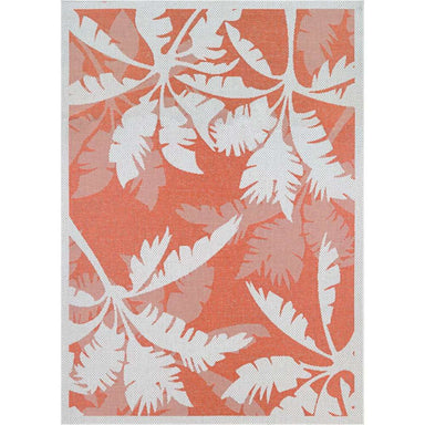 Couristan Monaco Indoor/Outdoor Rug - Coastal Flora/Ivory-Orange is shown in full view with an all-over tropical palm leaf design
