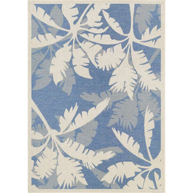Couristan Monaco Indoor/Outdoor Rug - Coastal Flora/Ivory-Sapphire full view highlights its tropical leaf design in ivory and blue tones