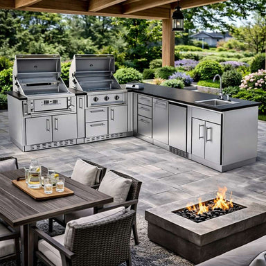 Covered outdoor kitchen with dual grills, sink, and storage highlighting the Sunstone Texas Tango 19ft Outdoor Kitchen Island Package
