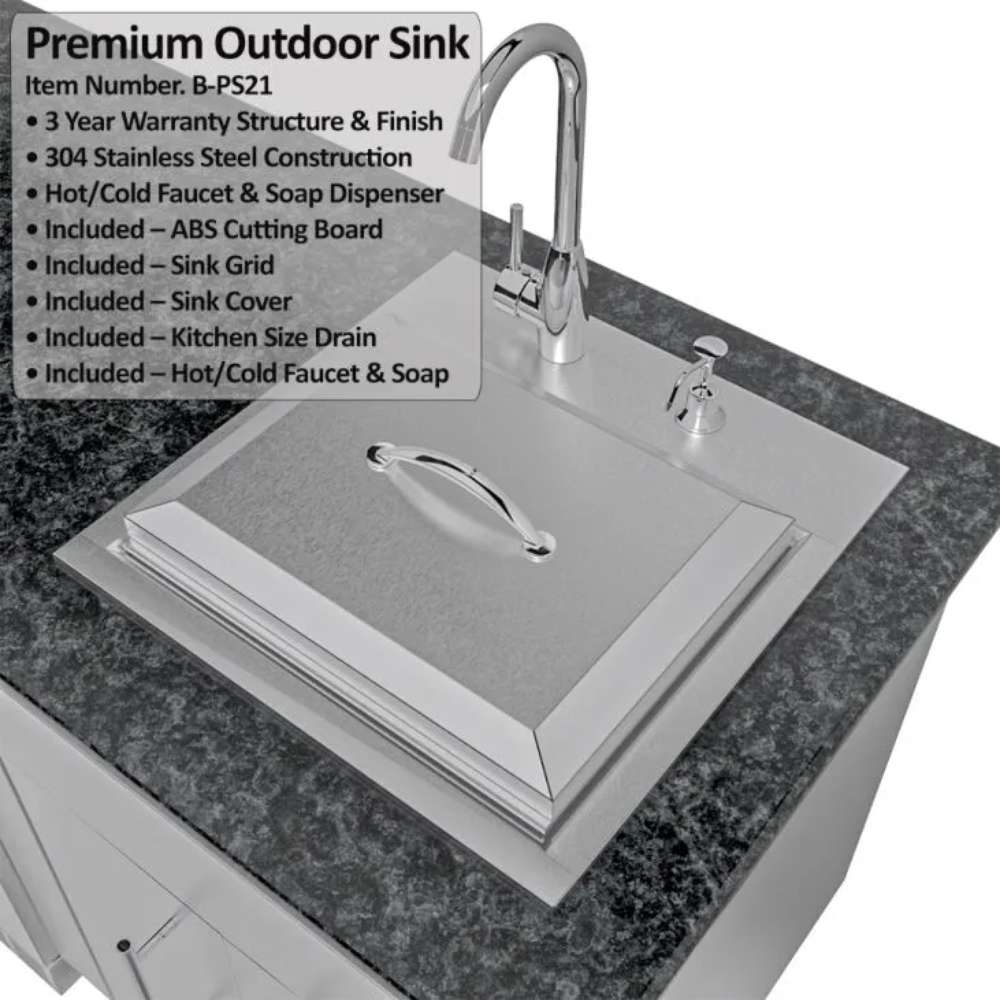 Covered outdoor sink with faucet and feature labels in the Sunstone Texas Tango 19ft Outdoor Kitchen Island Package