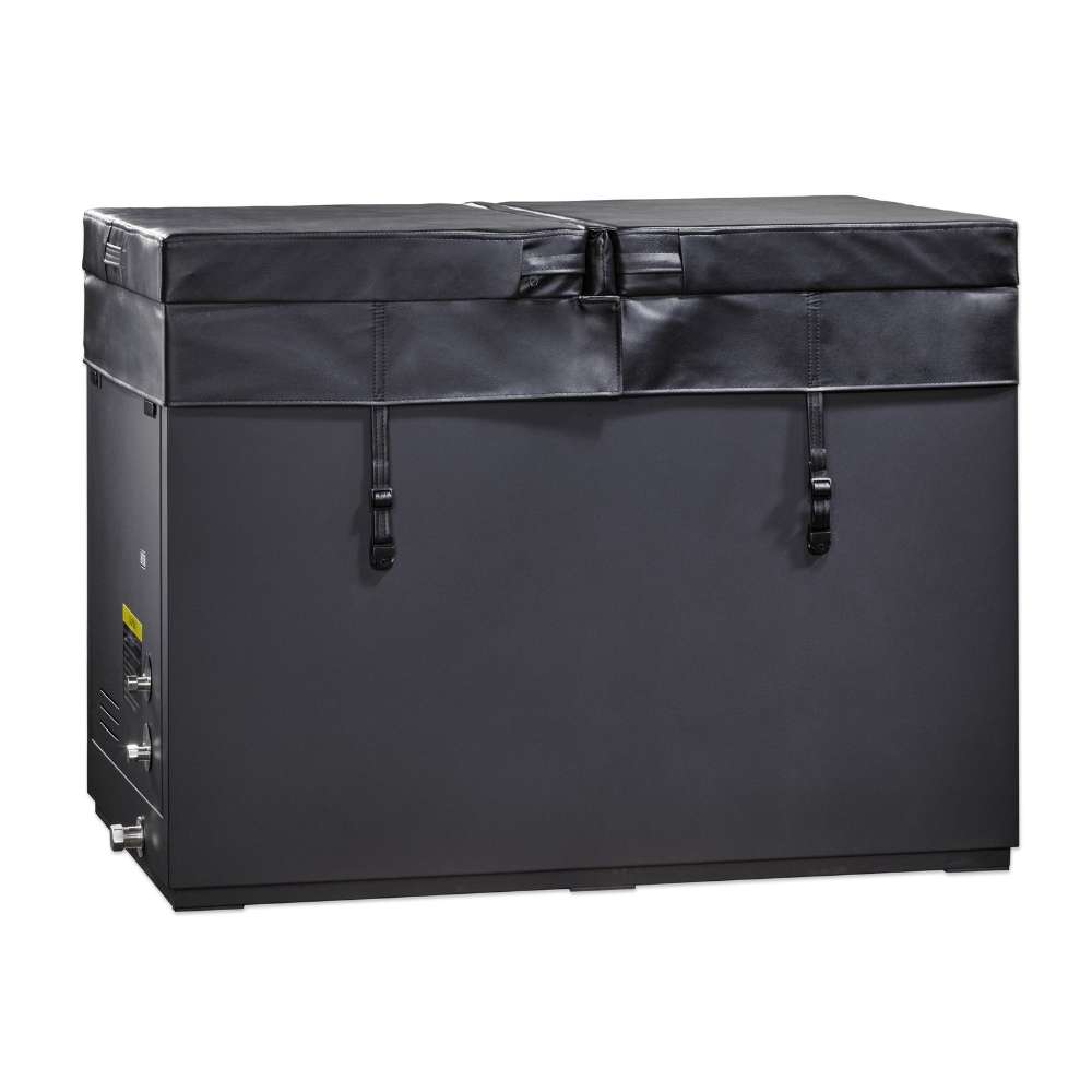 Covered with a black insulated lid secured by two straps, Golden Designs Dynamic Cold Therapy Cuboid 304 Nano-Coated Stainless Steel Cold Plunge Tub XL is shown from the front