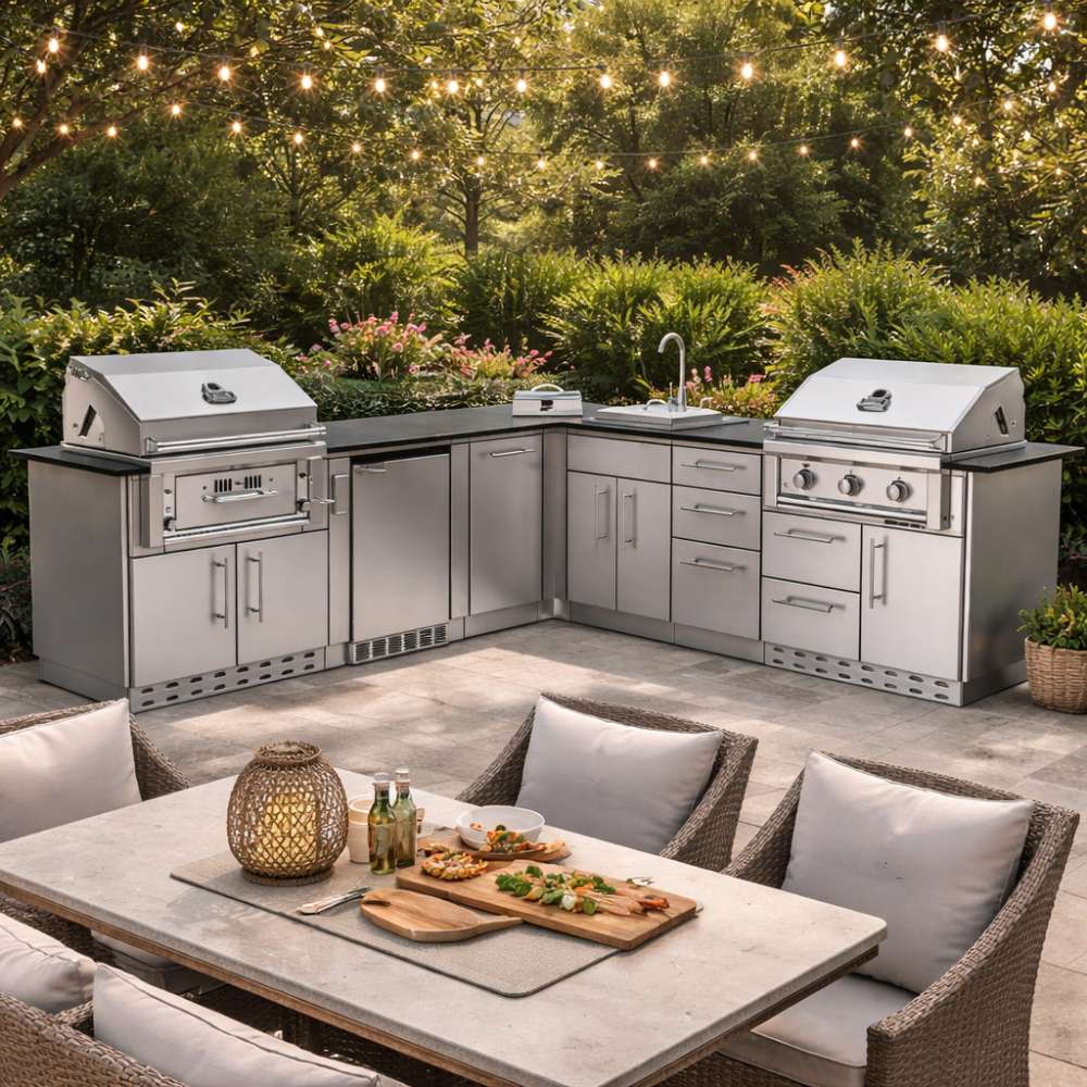 Cozy backyard dining space with string lights and grills showcasing the Sunstone Texas Tango 19ft Outdoor Kitchen Island Package