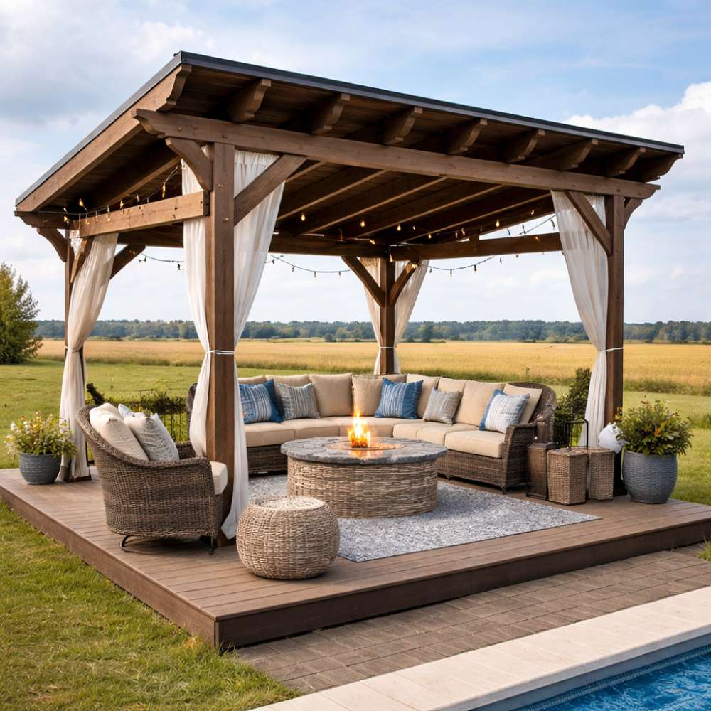 Cozy outdoor lounge under the Brookside Timber Frame Rose Beam Pavilion with curtains, string lights, and a fire pit seating area