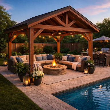 Cozy outdoor seating area under Brookside Timber Frame Veranda Pavilion features cushioned sofas surrounding a glowing fire pit beside a swimming pool at dusk